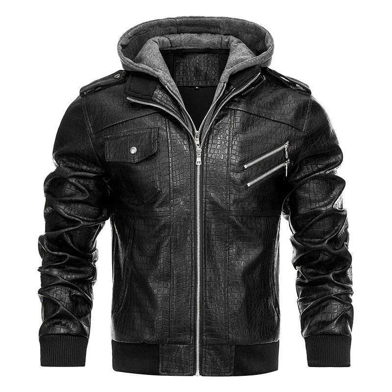 

Autumn Winter Men Jacket High Street Punk Waterproof Long Sleeve Male Outerwear Solid Color Zipper Hooded Man Leather Coat