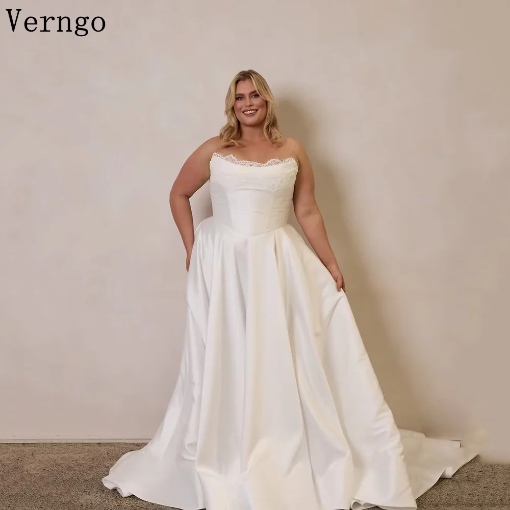 

Verngo Large Size Satin Wedding Dress StraplessA Line Pleated Bridal Gowns Modern Plus Sweep Train Bride Dress Customized