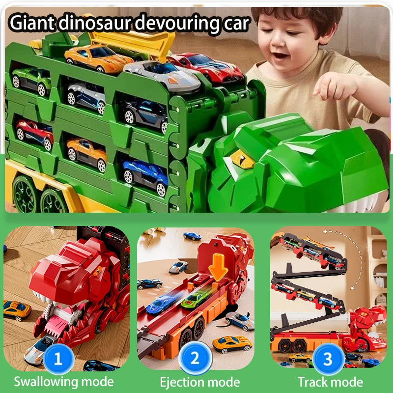 Nuevo camión de transporte de dinosaurios con 12 coches de carreras moldeados, coche de dinosaurio transformador en regalos de tiranosaurio de pie para niños