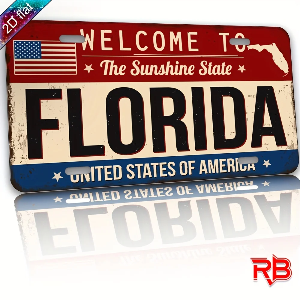 2D Flat Aluminum Wall Sign - "Welcome to the Sunshine State Florida" with American Flag Design, UV Printed, 30.0x14.99 cm, Ideal