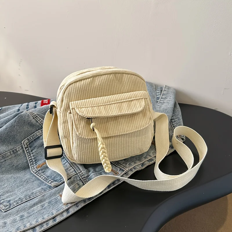 Vintage Harajuku Corduroy Crossbody Bag, Casual Japanese Style Shoulder Tote Bag, Zipper Closure, Striped Pattern, Unisex - Black, White, Green, Light Brown