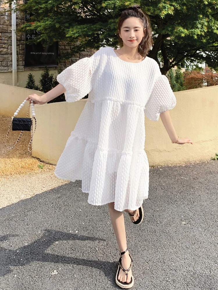 LANMREM White Summer Dress For Women Short Puff Sleeves Wearing Both Front And Back Cute Dresses Female Clothing New 2Z1011