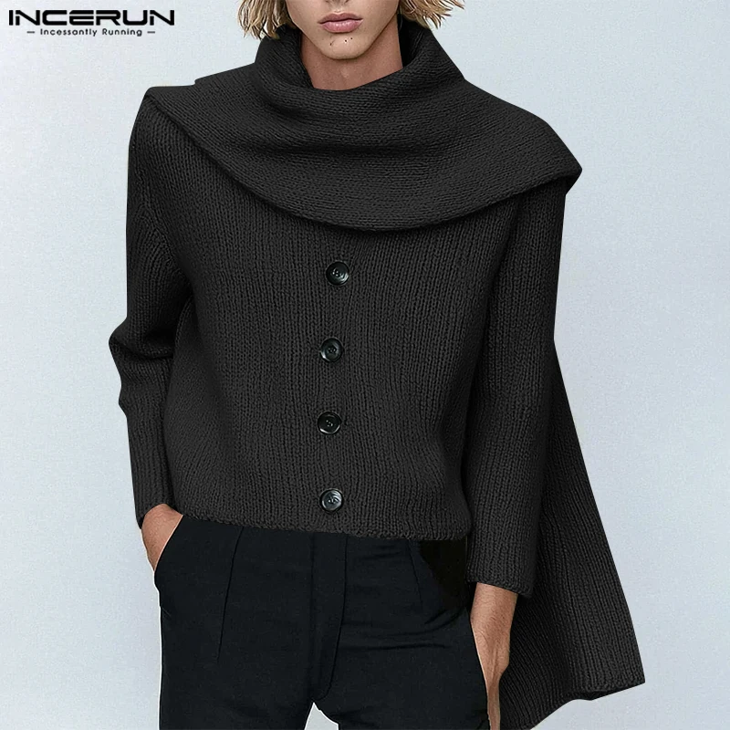 INCERUN Tops 2024 Fashion New Men's Button Design Pullovers Casual Simple Male Solid All-match Shawl Long Sleeved Sweaters S-5XL