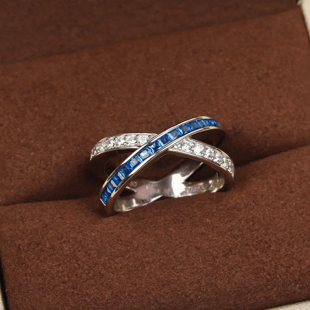

Pure 925 Sterling Silver Jewelry For Women Blue Cross Design Rings Diamond Wedding Jewelry Engagement Bowknot Ring Lucky Luxury