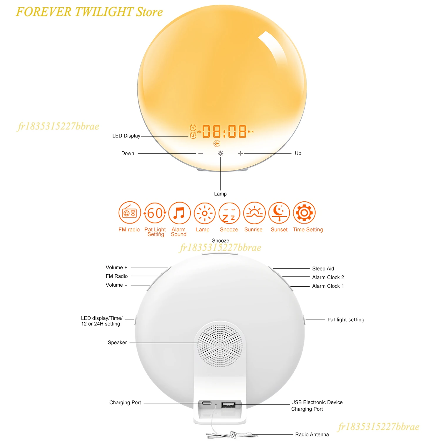ساعة منبه لشروق الشمس، ساعة إضاءة للاستيقاظ، ساعة رقمية تناظرية لشروق الشمس/غروب الشمس، وظيفة الغفوة، ضوء ليلي، ساعة مكتب راديو Fm #6