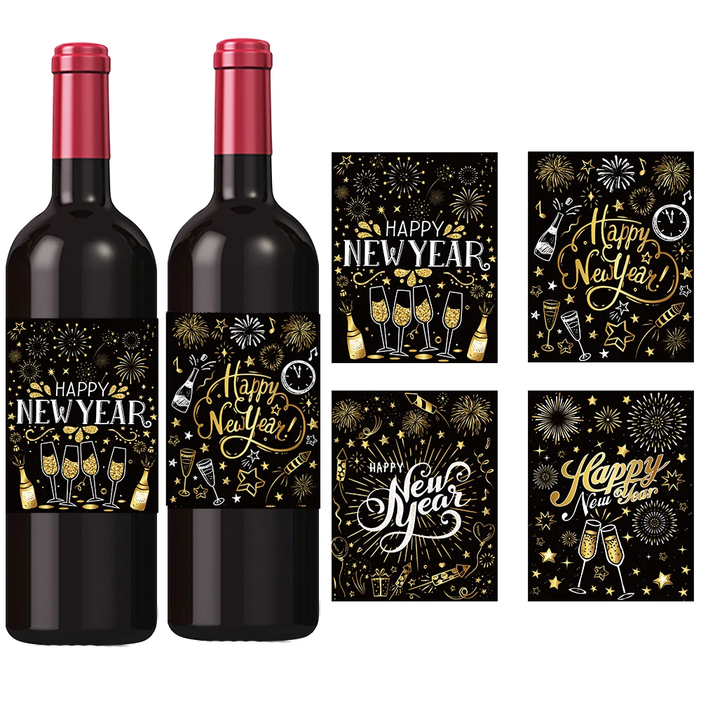 24pcs 2025 New Year's Eve Wine Bottle Labels Black Golden Happy New Year Party Decoration Self Adhesive gift Box Seal Sticker