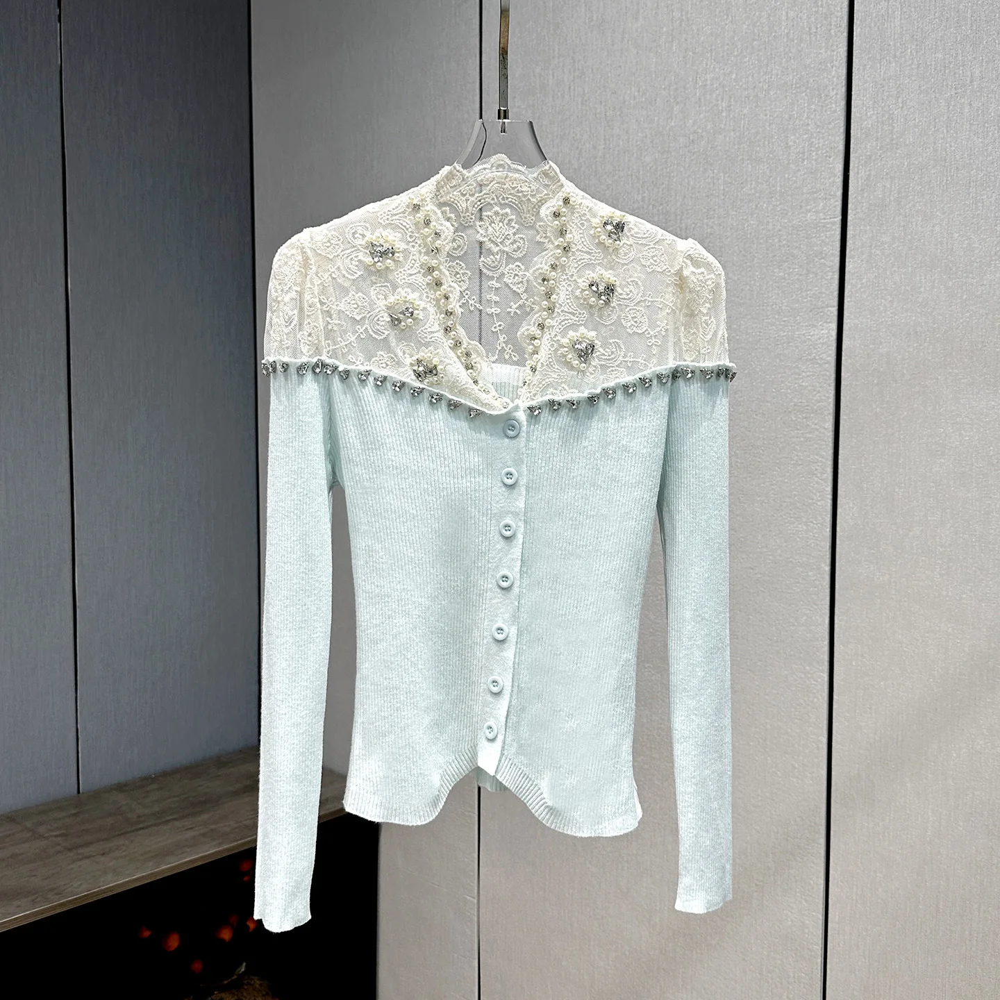 2025 Autumn Heavy Work Beaded Lace Trim Single Button Long Sleeve Slim Fit Knitted Cardigan