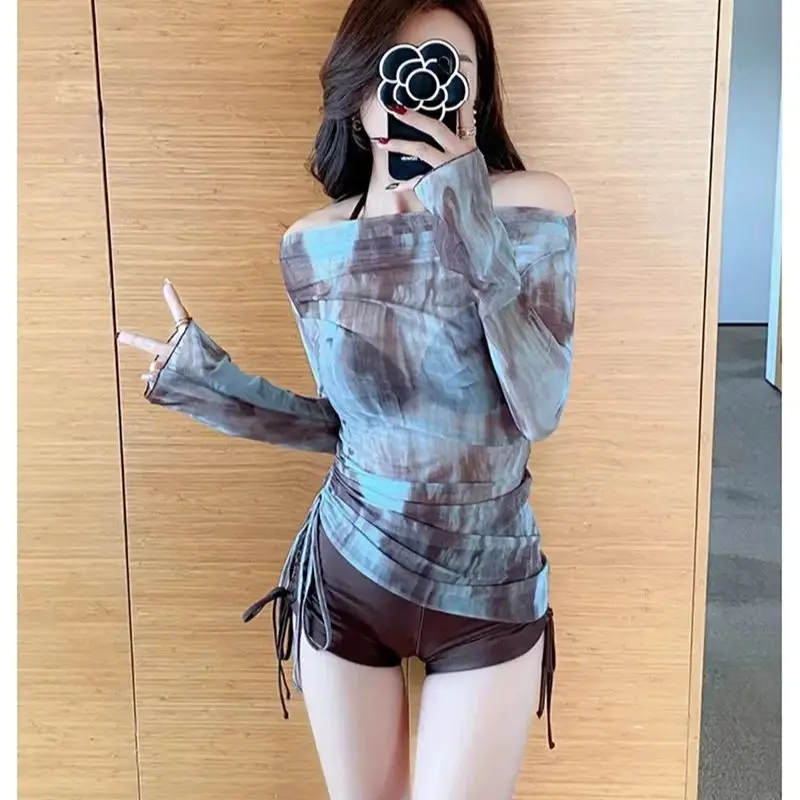 Set bikini senza spalline moda coreana sexy 3 pezzi tie-dye stampato con coulisse manica lunga top costumi da bagno di fascia alta copricostumi dimagranti