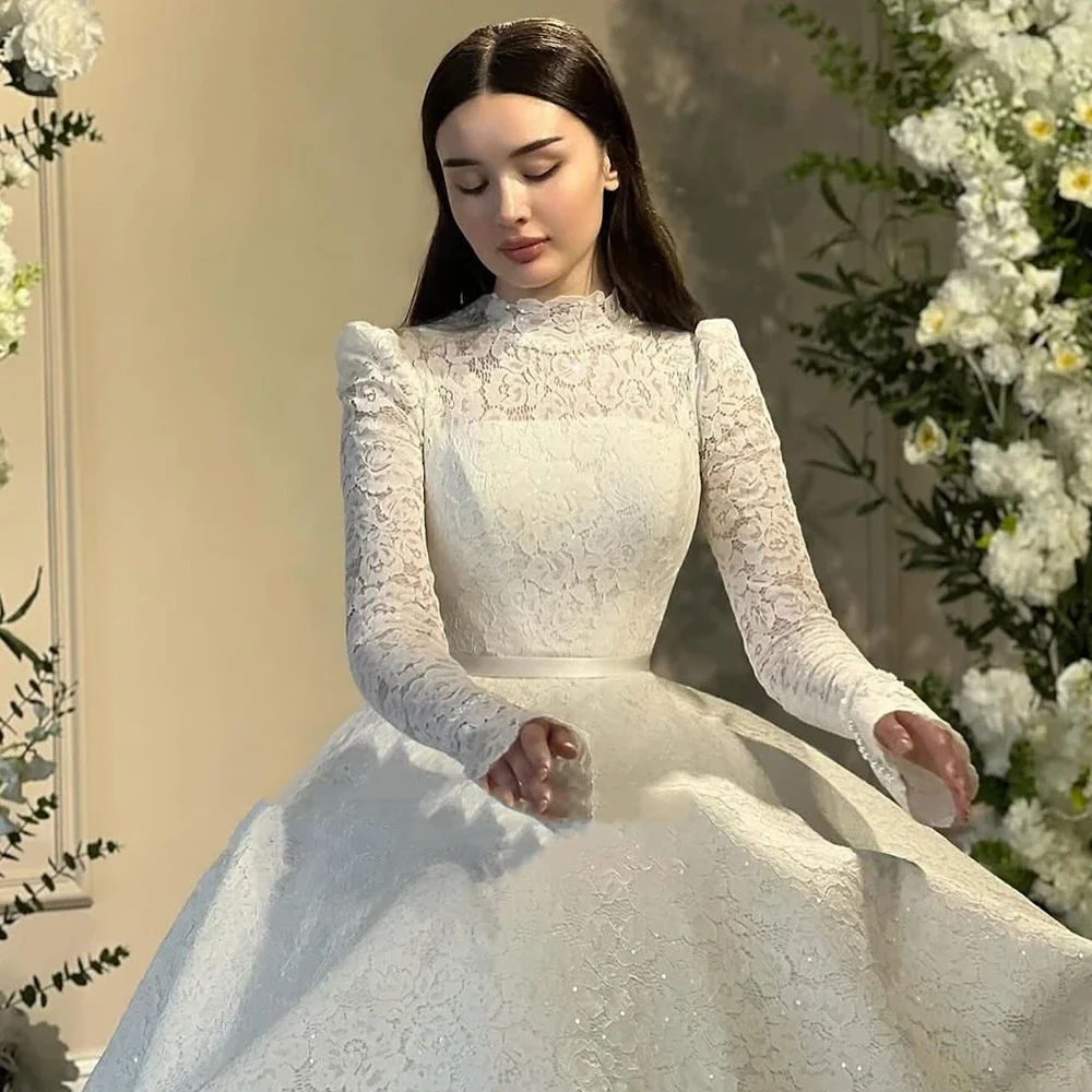 플라빈케 맞춤 우아한 하이넥 화이트 레이스 A라인 웨딩드레스 2025 긴팔 드레이핑 이브닝 파티 프롬 가운