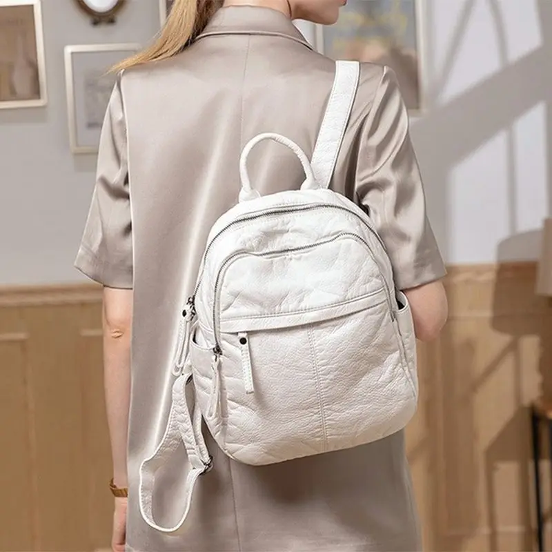 Mochila de piel sintética para mujer, bolso de hombro de cuero suave, de doble capa, de viaje, escolar