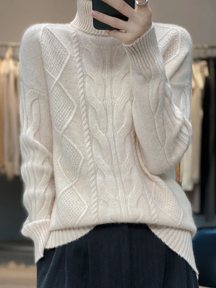 Autumn Winter Women Long Style Turtleneck Pullover Cashmere Sweater 100% Merino Wool Knitwear Thick Warm Cable Knitting Korean