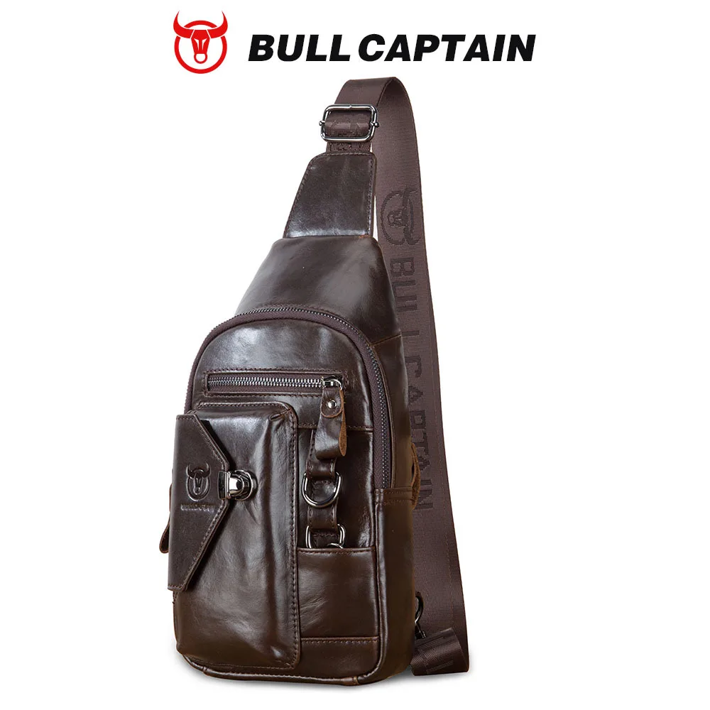Vintage Genuine Leather Men Chest Sling Bag BULL CAPTAIN Crossbody Shoulder Bag Multi Pockets Casual Daily Backpack