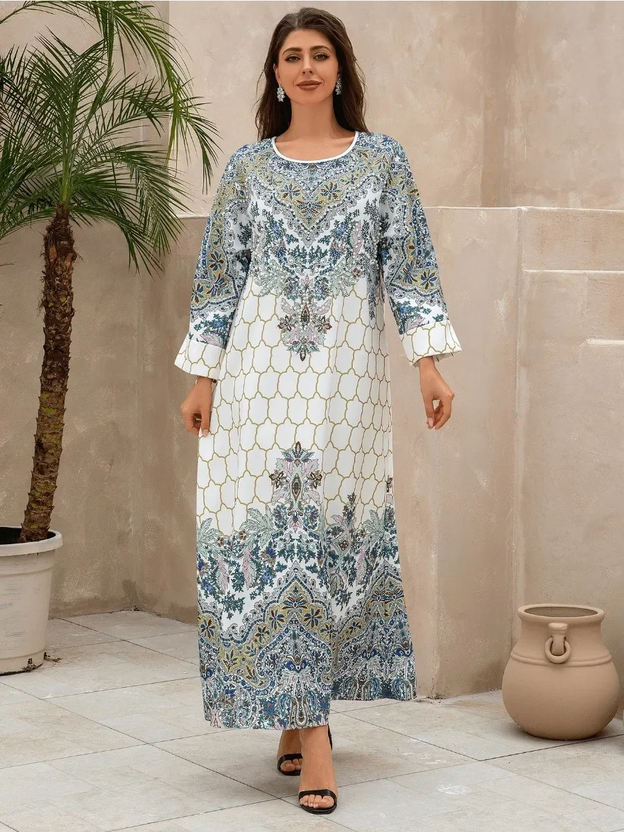 Eid Muslim Party Dress for Women Ramadan Beading Abaya Long Dress Print Morocco Kaftan Vestidos Largos Dubai Robe Jalabiya 2024