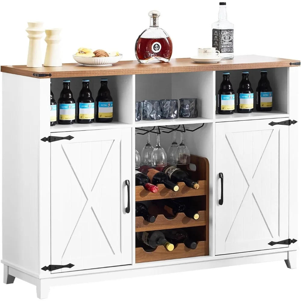 Mueble para bar de vinos de granja, mueble tipo buffet con 51 aparadores con botellero desmontable y 3 compartimentos de almacenamiento abiertos,