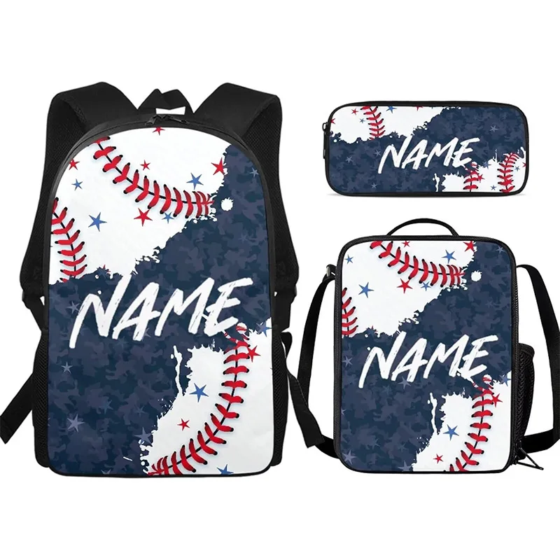 3Pcs Backpack Set, Dripping Ice Cream Baseball Print School Backpack with Lunch Bag and Pencil Case, Casual Daypack Bookbag for