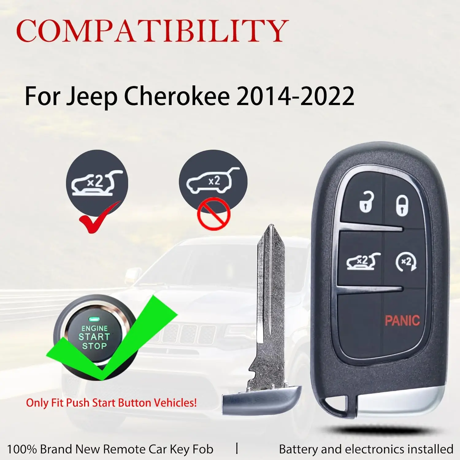 Original Smart Key Fob Remote Replacement Fits for Jeep Cherokee  GQ4-54T Keyless Entry Remote Start Control 68141580 433 MHz
