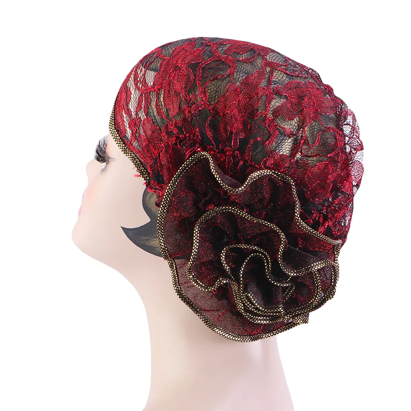 New Large Breathable lace Flower Turbans For Women Muslim Ruffle Cancer Chemo Beanie Caps hijab inner bonnet Islamic Headwear