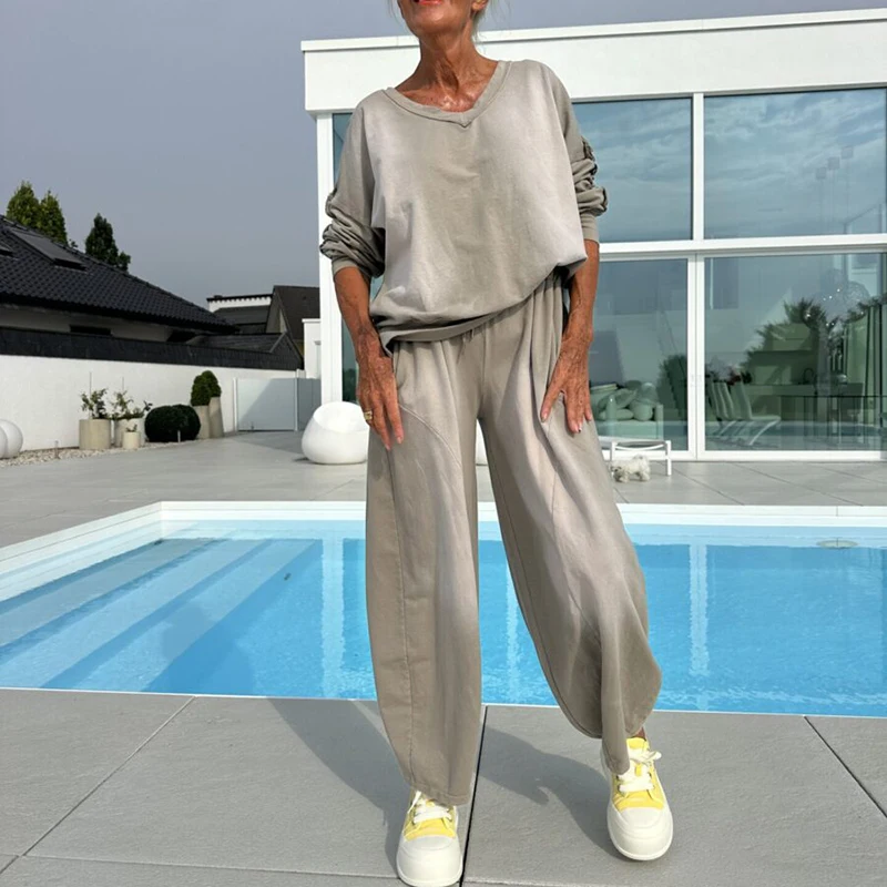 Gradient Color Loose Sports Two Piece Casual O Neck Long Sleeved Top and Pants Women's Set High Street Vacation Fashion Outfits
