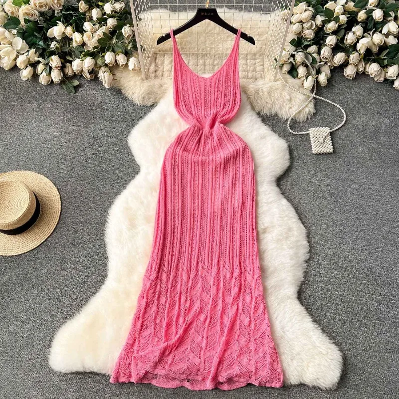 Women's Dresses Knit Long Dress Hollow Out Crochet Design Slim Chic V-neck Sexy Suspenders Womenswear Solid Red