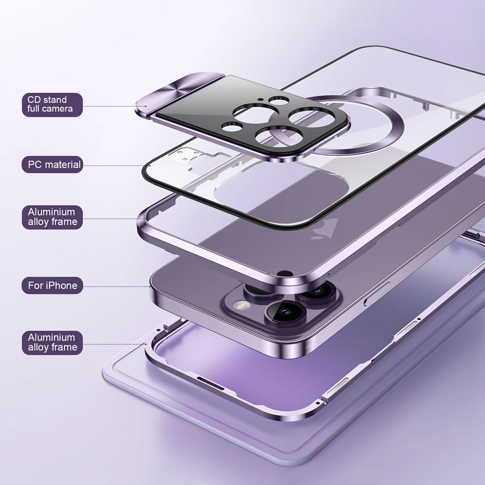 Aluminium Alloy Case For MagSafe iPhone 14 Pro Max 13 Pro Max Magnetic Bumper Frame Metal Lens Protection Transparent Case