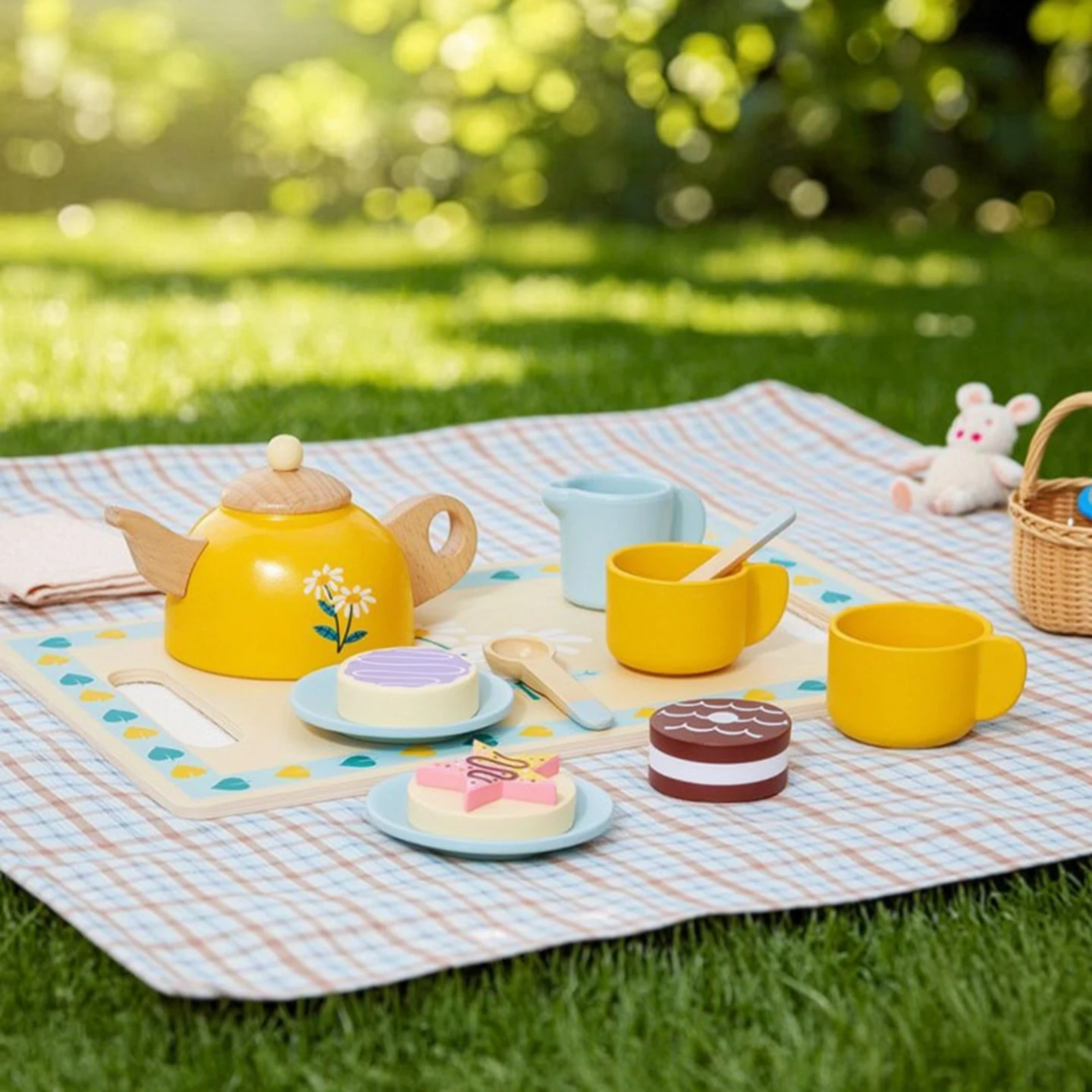 Wooden Tea Set with Tray Educational Tea Party Set with Dessert Pieces Toy Natural Rounded for Children, Playroom, Preschool
