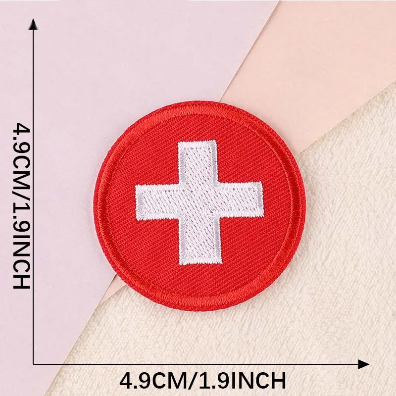 12 Stück Rotes Kreuz Bügelbilder, runde Embleme, gestickte Applikationen, Kleideraufnäher, Wärmeübertragungsaufkleber für Rucksäcke – Detail 3