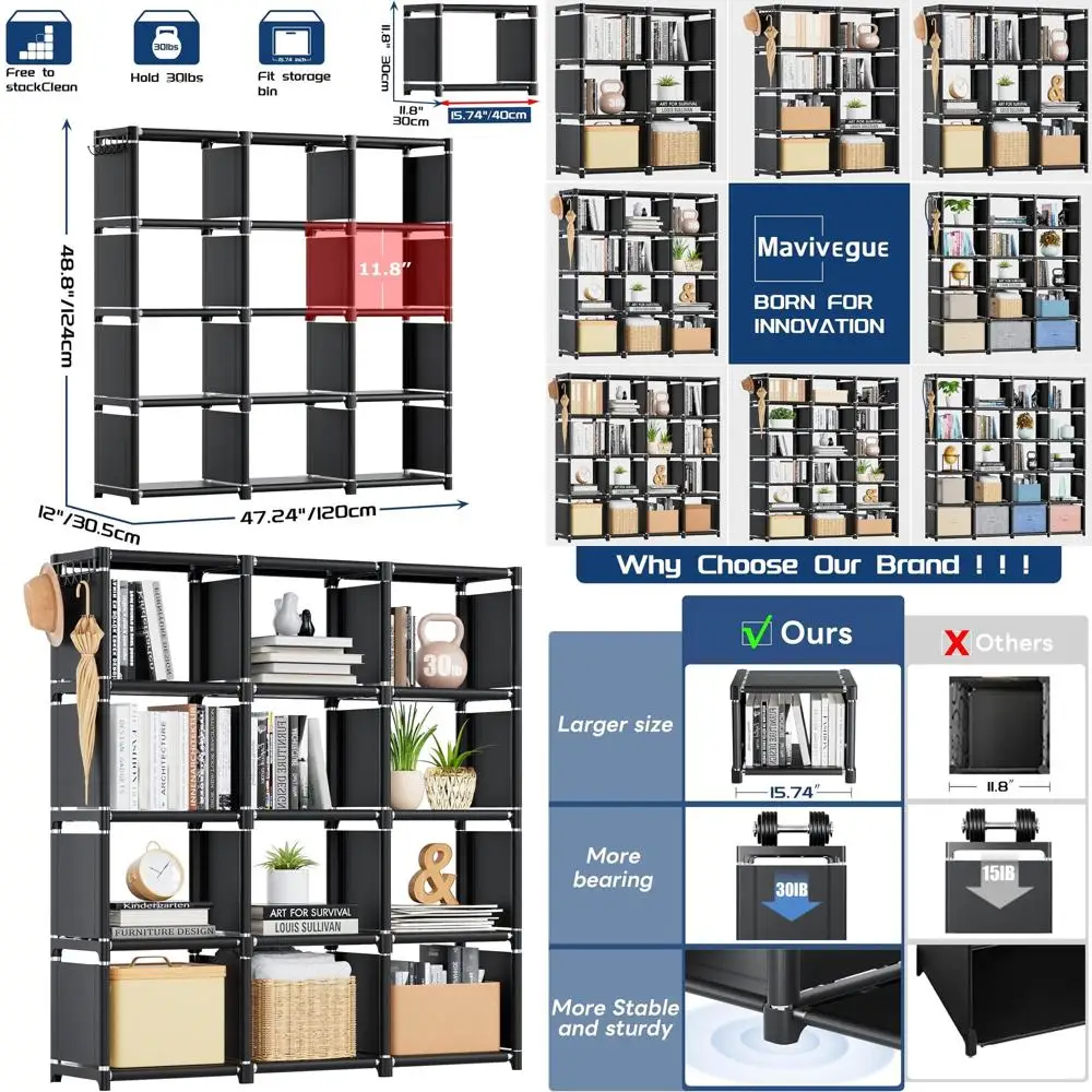 

Металлический органайзер для хранения на 12 ячеек, книжный шкаф-конструктор для дома и офиса, высокий стеллаж черного цвета
