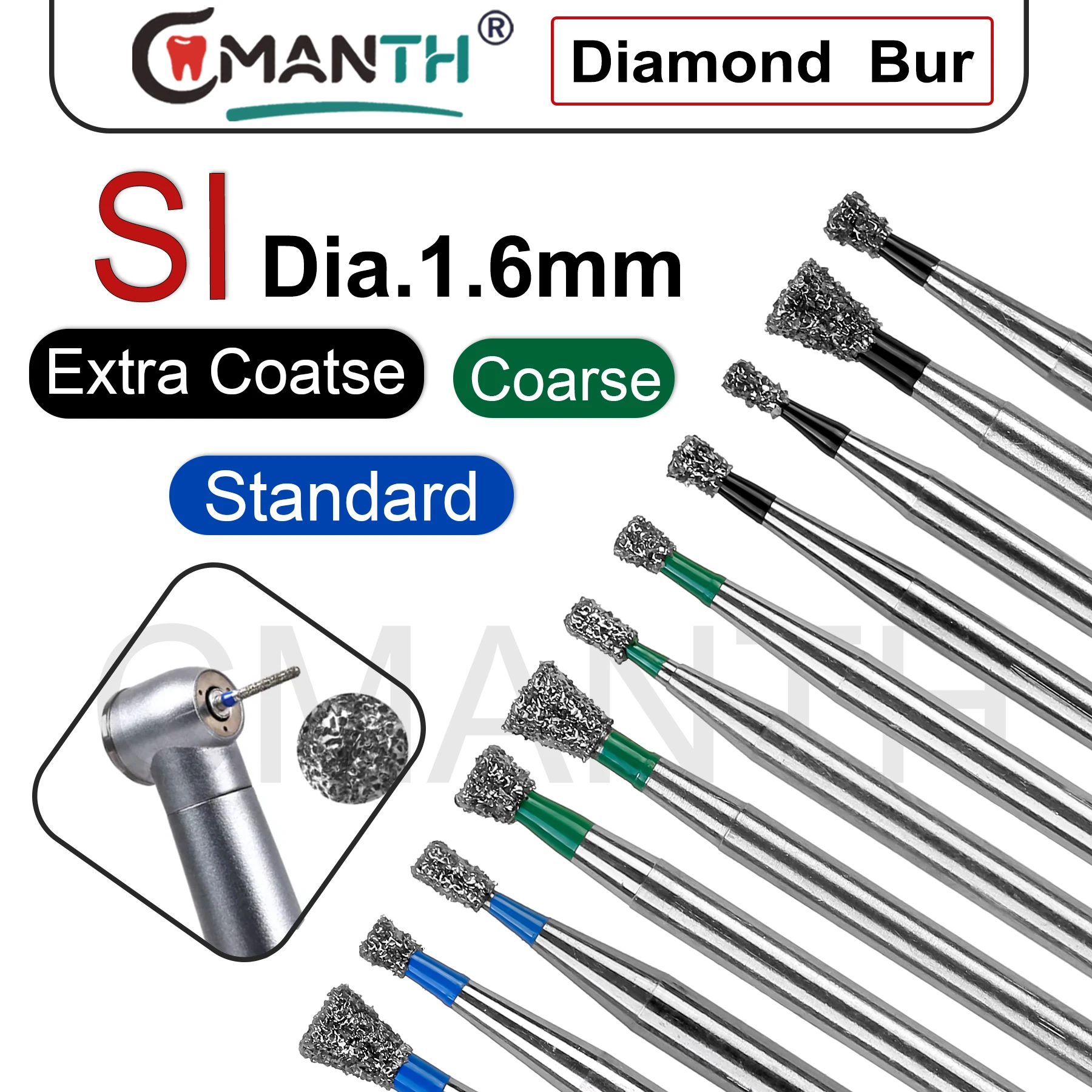 Dental Diamond Burs SI Type Extra Coarse/Coarse/Standard Dentistry Drills For High Speed Turbine 10Pcs
