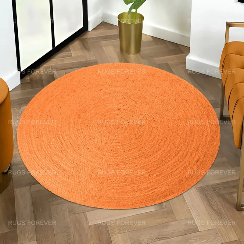 

Handmade Natural Jute Area Rug Living Room Orange Kilim Dining Room Round Mat