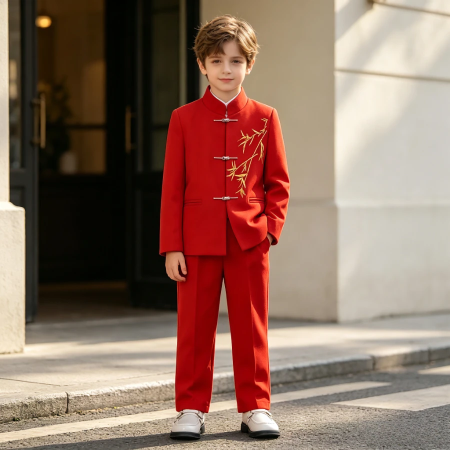 Kids Traditional Tang Suit Golden Bamboo Embroidery Jacket Trousers for Guoxue Performance New Year Party Birthday Photo Costume