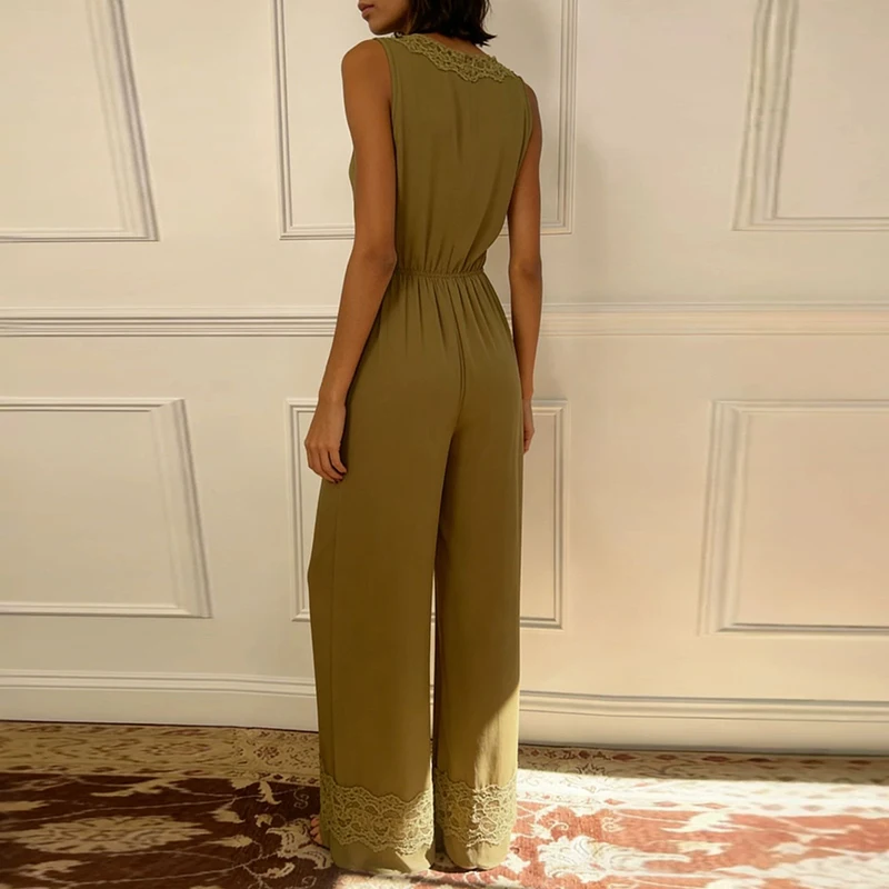 

Fashion Sleeveless High Waist Wide Leg Rompers Summer New Women Commute Chiffon Playsuits High Street V-neck Lace Edge Jumpsuits