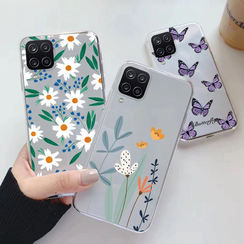 Funda de teléfono para Samsung A12 M12 F12 funda de silicona Floral para Samsung Galaxy A12 5G Fundas Coque transparente suave Capas flor TPU