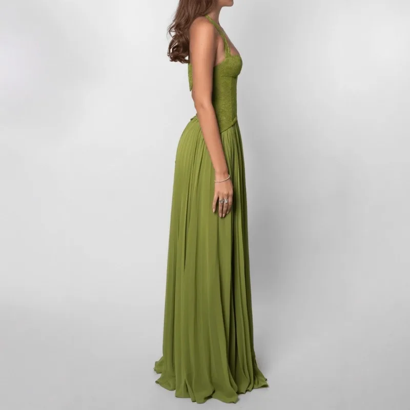 Sexy Low Cut Halter Maxi Dress Women Backless Pleated Patchwork Long Dresses 2026 Summer Lady Elegant Party A Line Vintage Dress - view 4