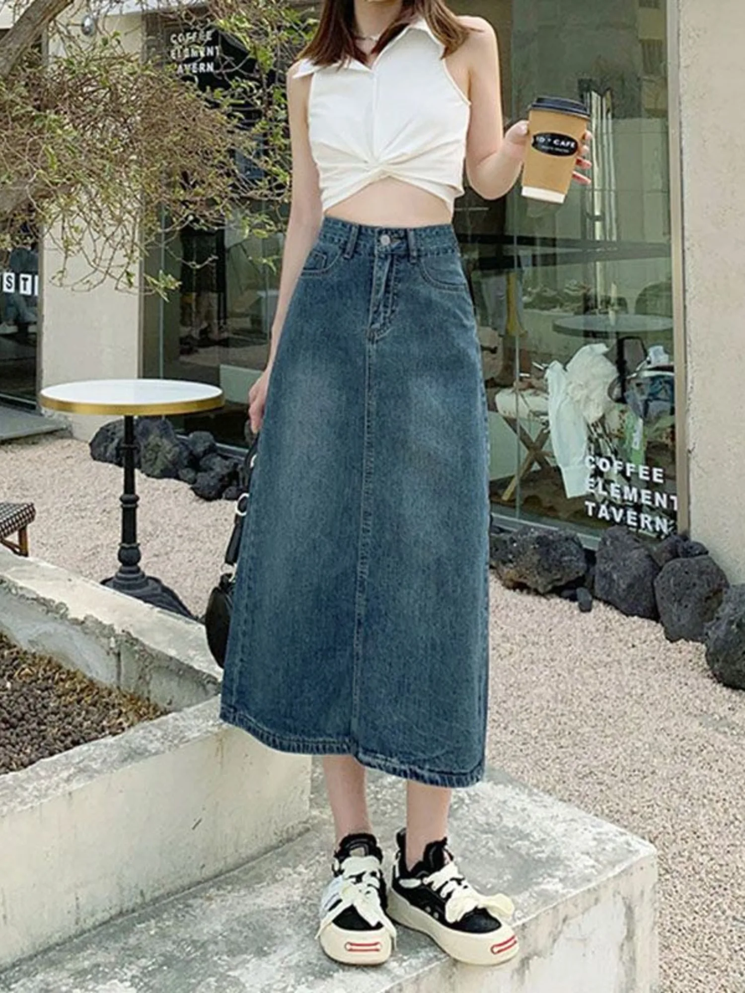 

Women's Vintage Washed Denim Midi Skirt High Waist Back Slit A-Line Jean Skirt Retro Blue S-2XL