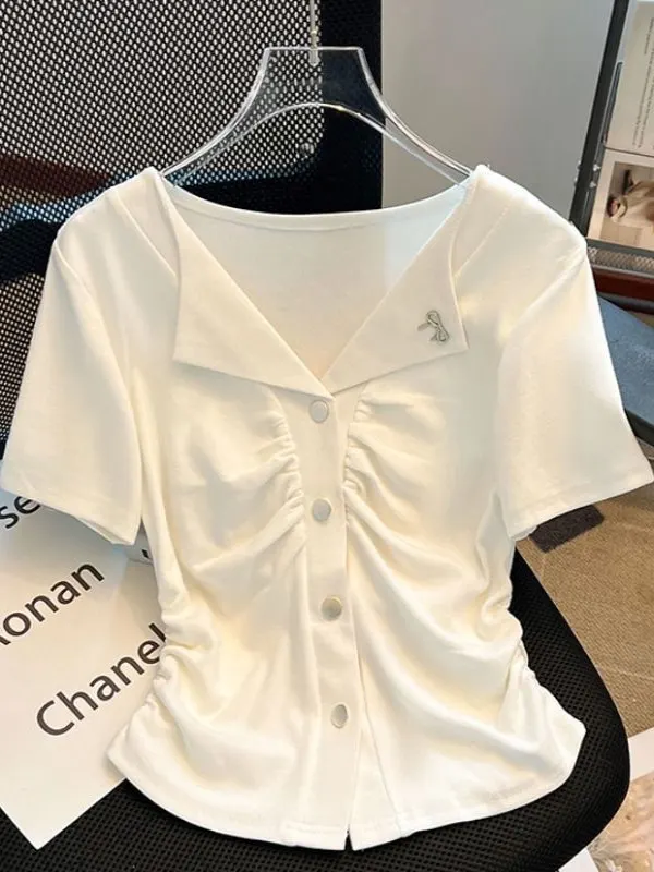Camiseta Feminina de Verão com Gola Dobrada, Ajuste Slim, Comprimento Médio, Estilo Coreano, Top V-ne