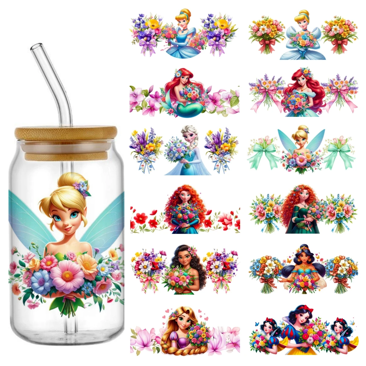 

Miniso Cartoon flower Princess UV DTF Cup Wrap Ready To Apply Transfer Stickers Waterproof For 16OZ Libbey Glass Can Cup Tumbler