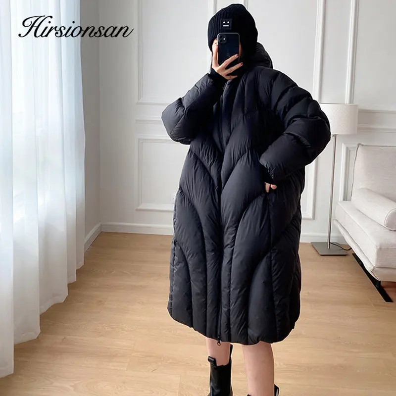 Hirsionsan Winter Long Solid Hooded Puffer Clothing Women Loose Casual White Duck Down Jackets Retro Streetwear Simple Warm Coat