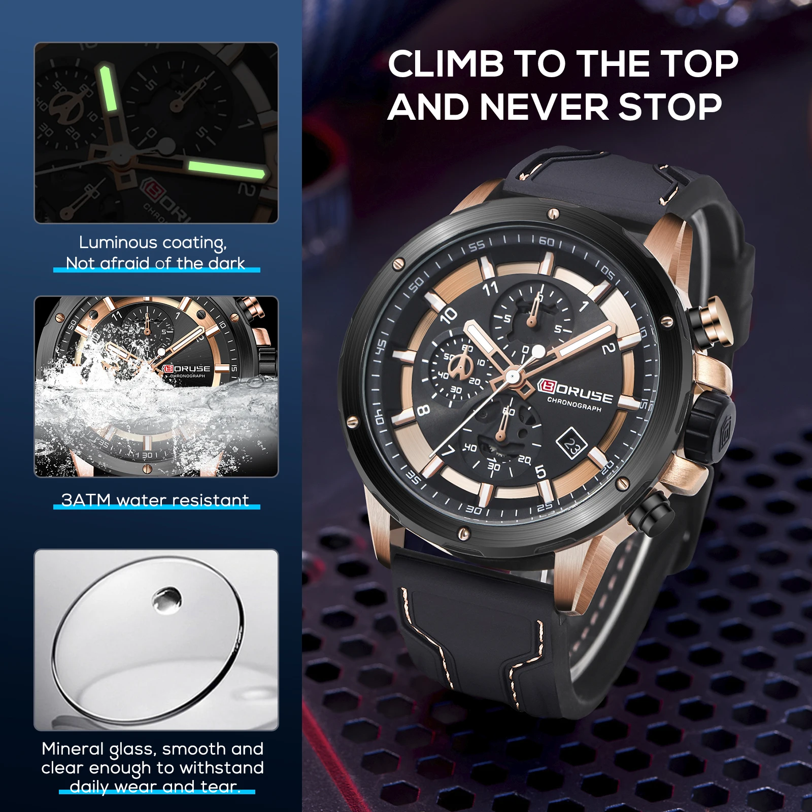 BORUSE Fashion Luminous Watches for Men Luxury Sports Chronograph Men Watch ​Waterproof Quartz Clock Digital WristWatch