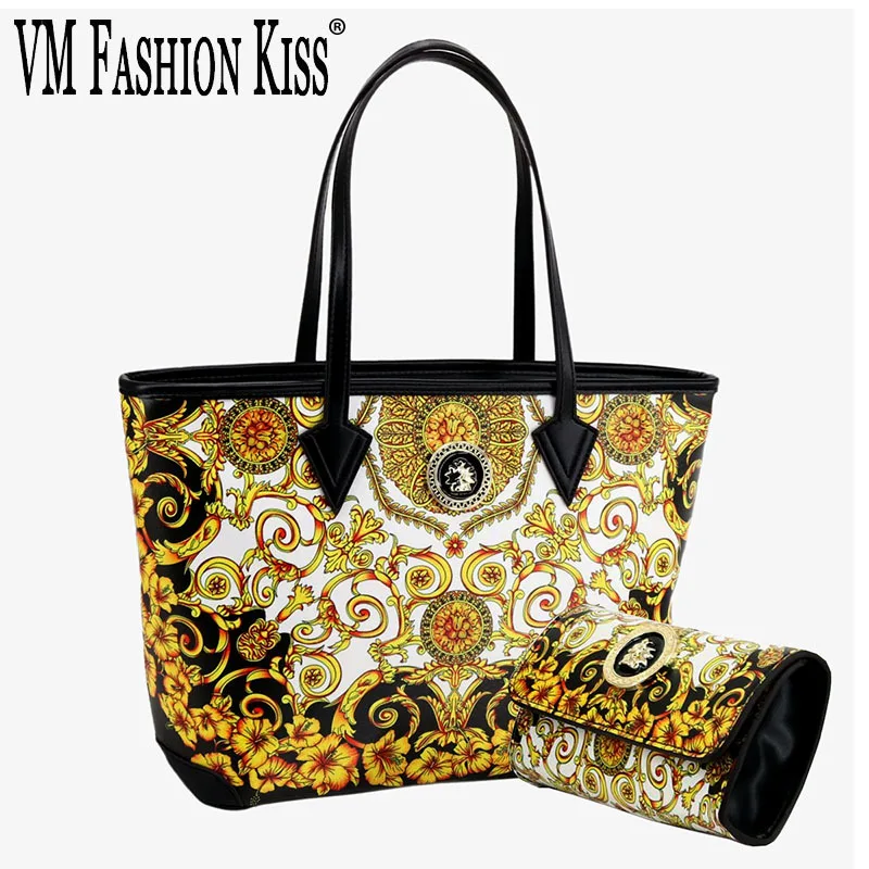 VM FASHION KISS European Retro Printed Tote Women's Bags Handbags Wallet Set Tote Bags Large-capacity Microfiber Leather