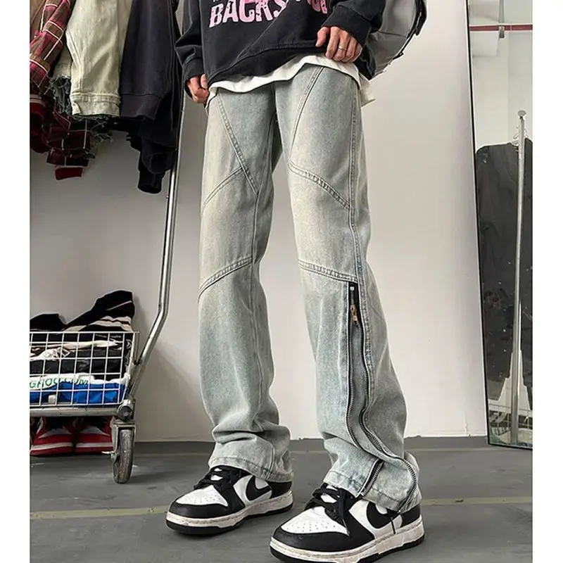 New American Retro Zipper Jeans Men's Washed Straight Leg Micro Flared Pants High Street Vibe Trendy Brand