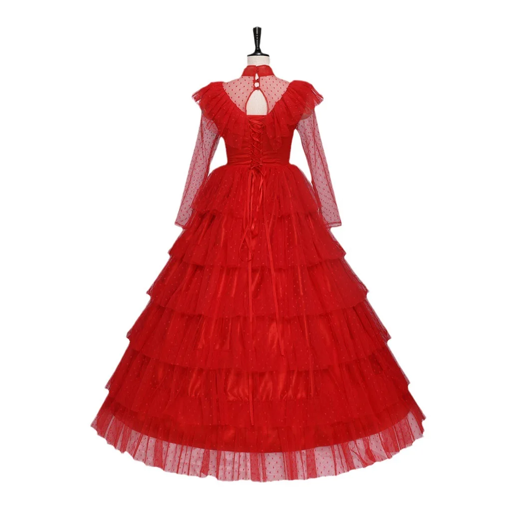 Lydia Cosplay Costume Scary Musical Red Bride Wedding Gothic Dress Evening Gown Outfits Gauze Skirt Veil Halloween Women