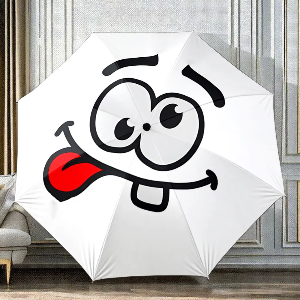 Funny Cartoon Face with Goofy Smile and Tongue - White Background ,Portable Folding Umbrella, Gift for Family Friends