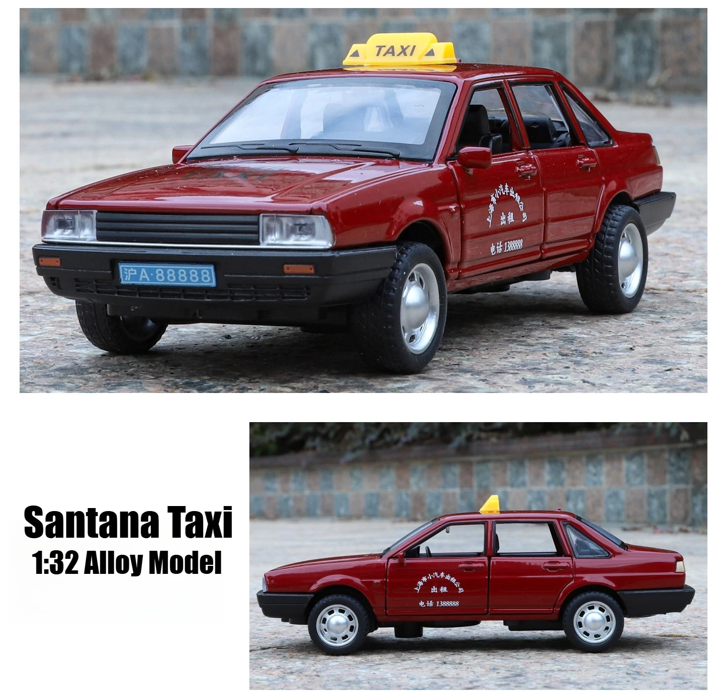 1:32 Santana Taxi Simulation Alloy Car Model Sound and Light Sound Effect Pullback Desktop Ornament Toy Gift