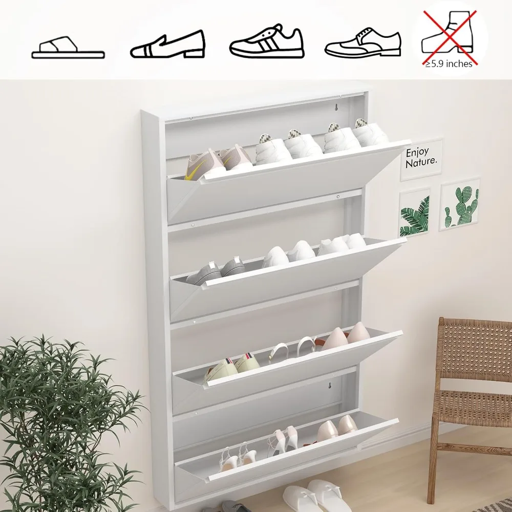 

Slim Wall Mounted Shoe Cabinet, 6 Inch Narrow White Hidden Metal Shoe Storage with 4 Flip Drawers, Customized