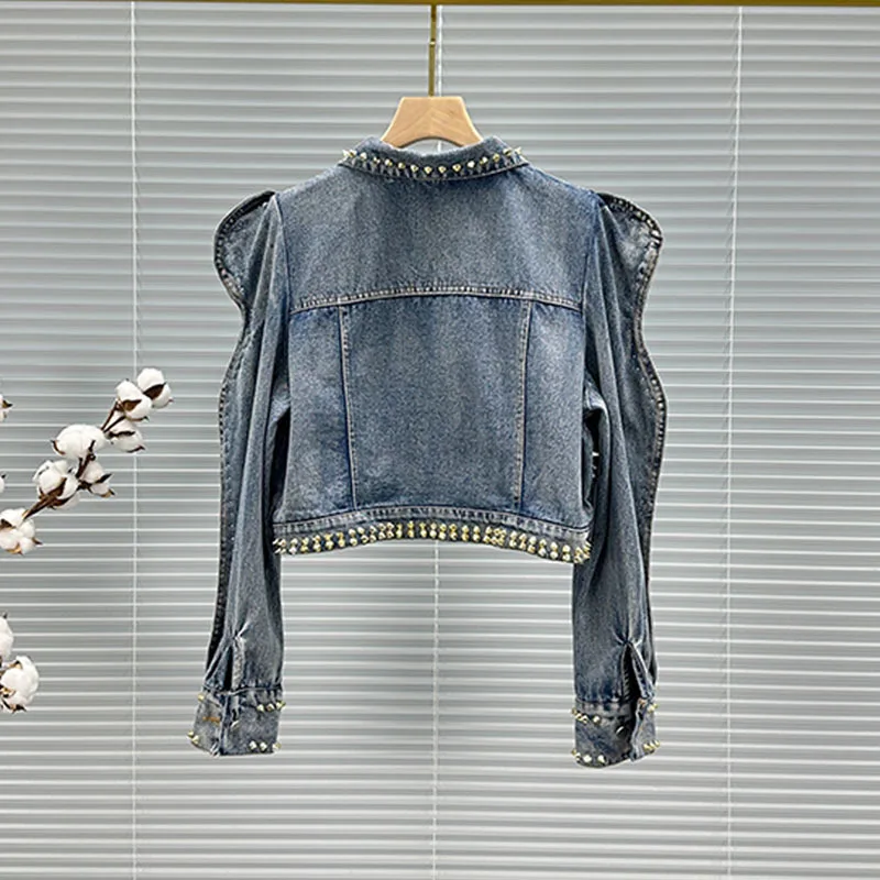 Spring New Rivet Diamond Irregular Hem Slim Short Denim Jacket Women Lapel Long Sleeve Female Blue Jeans Jacket Coat Streetwear