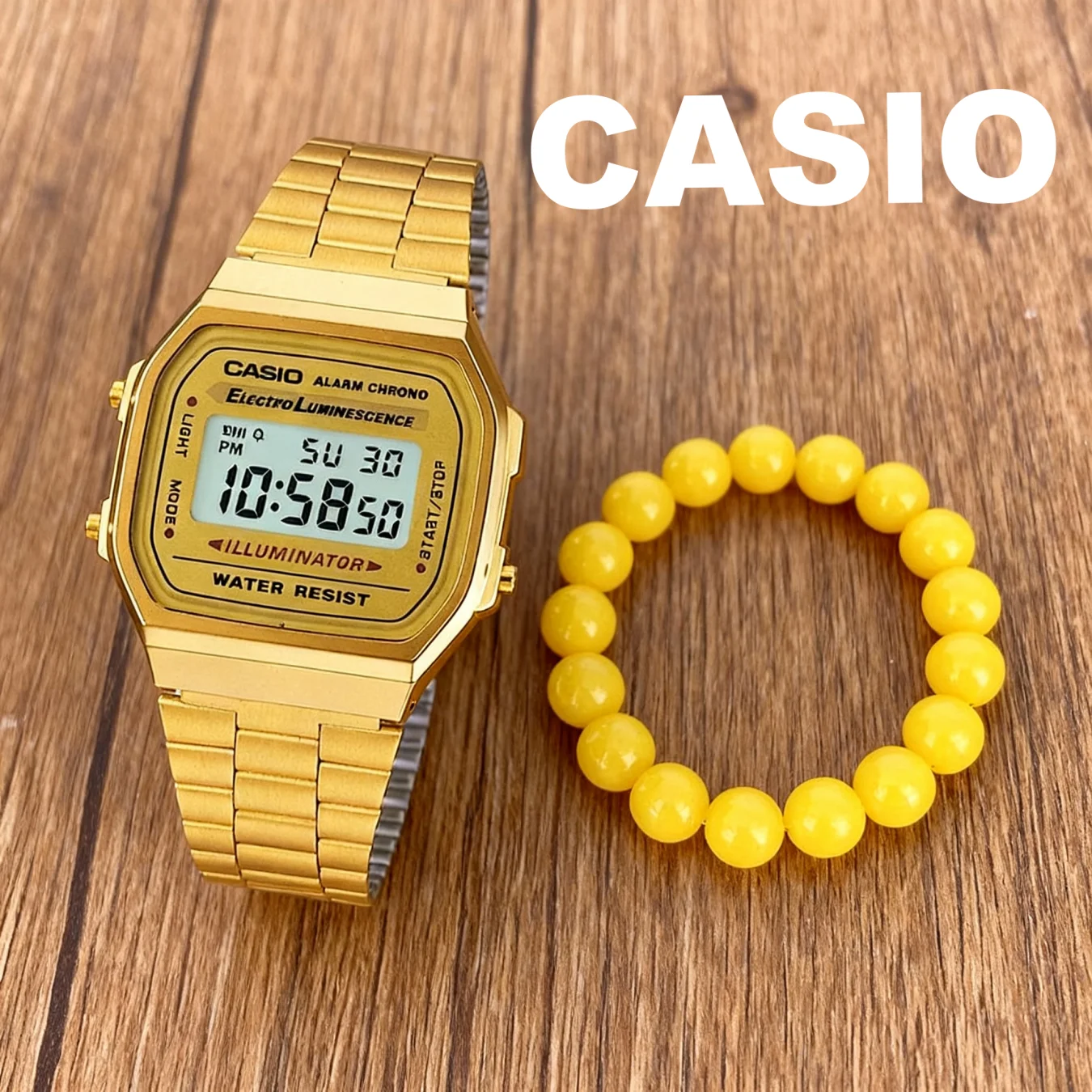 

Casio A168WG Vintage Gold Small Square Digital Watch With Yellow Bead Bracelet Set, Men Women Classic Stainless Steel Wristwatch