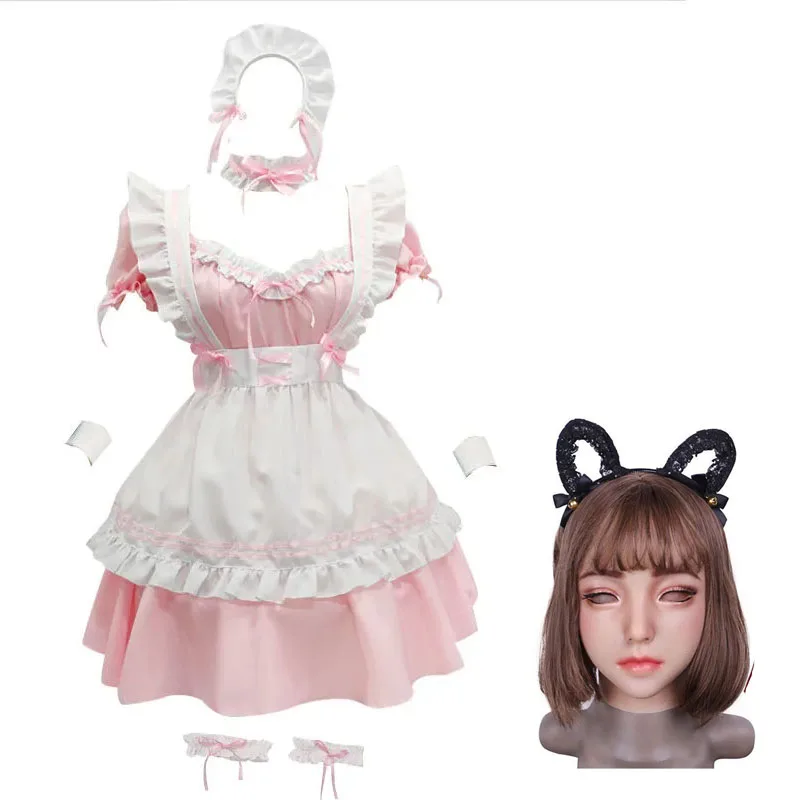 

Розовая униформа горничной, силиконовый чехол для головы, трансвестит, косплей, MTF, мужской и женский, реалистичный силиконовый головной убор, CD, клуб, вечеринка