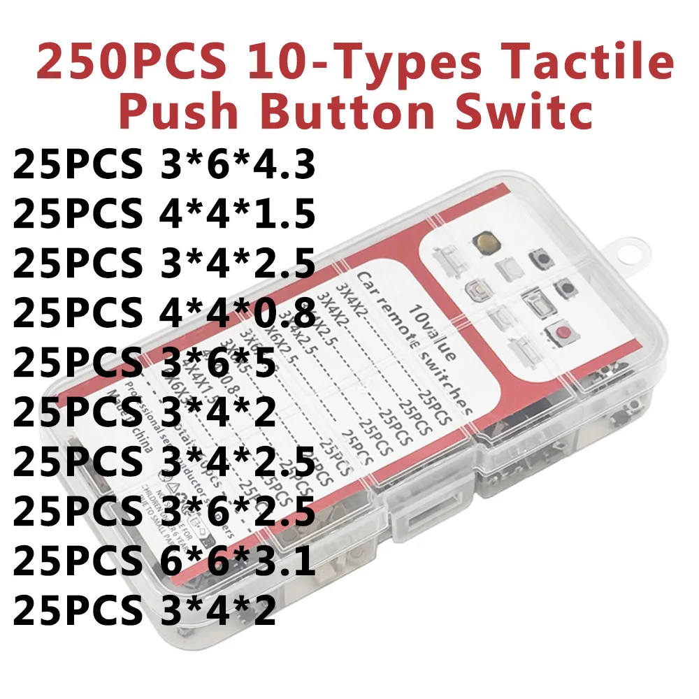 250pcs Car Switch Keypad Car Remote Control Keypad Switch Patch Button Pack Tactile Switch Box 10values*25pcs