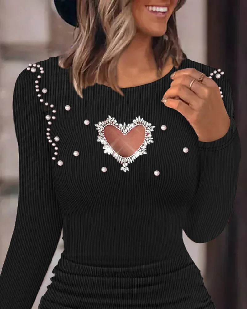 Dresses for Women New Diamond Pearl Hollow Heart Beaded Ribbed Bodycon Dress Knitted Puff Long Sleeve O-Neck Dress