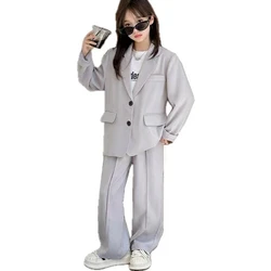 Grey Suit for Girls Casual Blazer Jacket and Pants Two Pieces Teenage Children's Outfits 9 12 13 14 Years Fashion Kid's Costumes